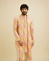 Warm White and Pink Wave Print Kurta Set with Metallic Buta Highlights